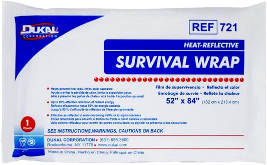 Dukal 721 Emergency Survival Blanket Mylar Wrap | Thermal Properties, Convenient Storage | Protection Against Wind, Rain, Sun | Diverse Functionality for Outdoor Enthusiasts & Responders | Pack of 1