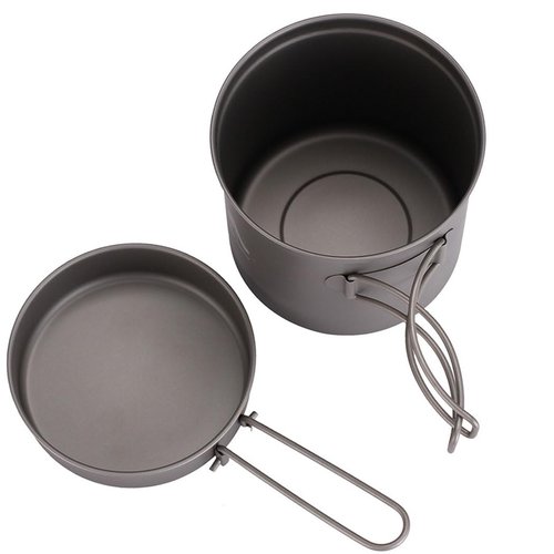 BY-J 2 Piece-Set Titanium Bowl Pot Set with Folding Handle, Outdoor Camping Picnic Pan, Ultralight Cooking Tableware Picnic Dishes