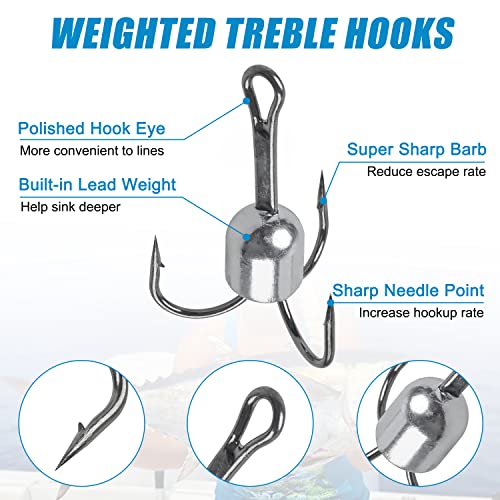 Snagging Hooks Weighted Treble Hooks,5pcs Large Weighted Treble Fishing Hooks Bunker Snag Hooks with Weight for Baitfish Trout Salmon 5/0 6/0 8/0 10/0