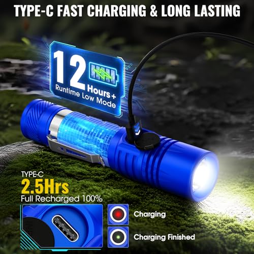 Rechargeable Tactical Flashlights, High Lumens Small Mini USB-C LED Flashlight, Compact EDC Flash Light, 4 Modes&Memory Function, Waterproof Pocket Lights for Home,Camping,Emergency (1, Blue)