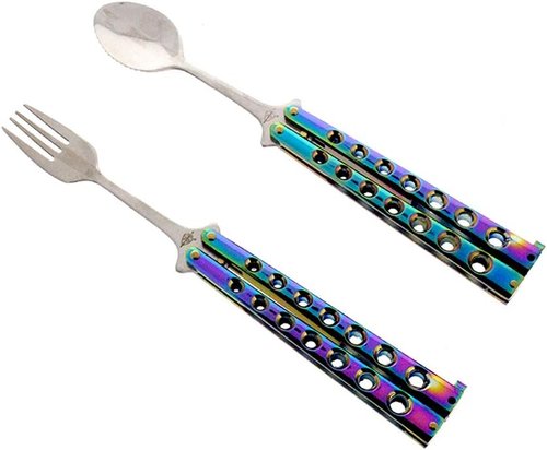 Butterfly Fork and Spoon Set for Hunting, Camping and Hiking Purposes. (Rainbow)