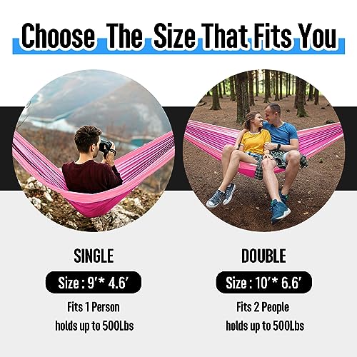 Pink Double Camping Hammock with Tree Straps - Portable Lightweight Nylon Parachute for Indoor Outdoor Travel
