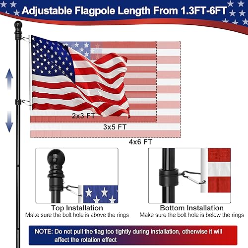 Flag Pole Kit, 6 FT Flag Pole for Outside House, with Heavy Duty Holder Bracket, Aluminum Alloy Tangle Free Rings, Thickened Stainless Steel Flagpoles for Residential, Outdoor or Porch, 1 Inch Black