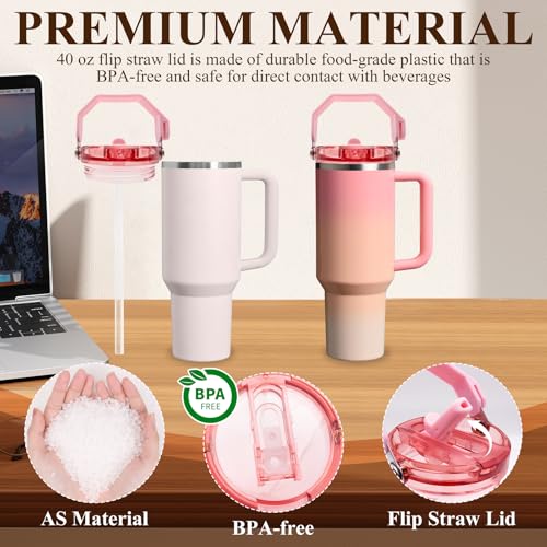 Pink Flip Straw Lid with Handle for 40oz Stanley Quencher Tumbler Replacement Accessory