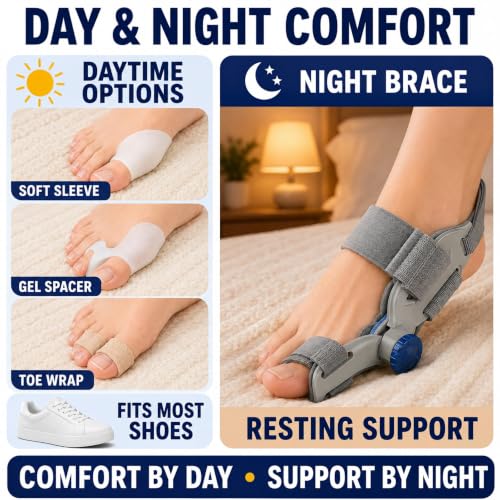 Bunion Corrector Kit for Women & Men with Toe Separator Arch Support Gel Pad - Day & Night Relief, Adjustable Hallux Valgus Splint - Variation 1