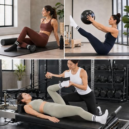 KONY Women's Cotton Pilates Grip Socks - Yoga & Barre Crew Socks, Black, 3 Pairs