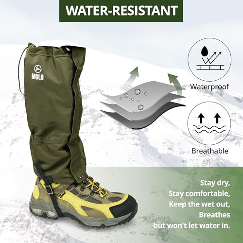 MULO Leg Gaiters, 100% Waterproof and Durable, Hiking Gaiters with Adjustable Rubber Foot Strap for Snow and Mud Protection