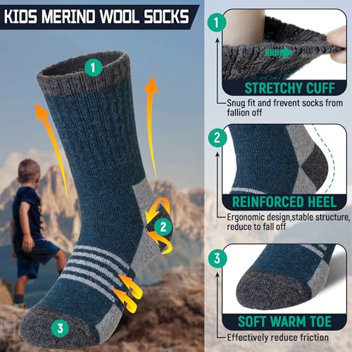 DoSmart Kids Hiking Walking Socks, Boys Girls Toddlers Merino Wool Warm Wicking Cushion Crew Socks