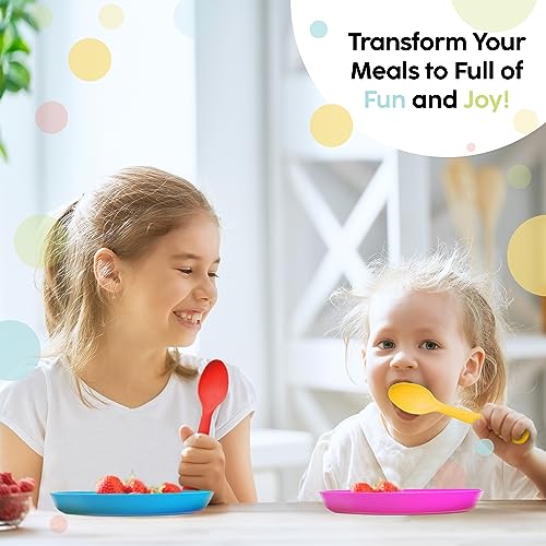 Kids Plates Set of 12 - BPA Free Toddler Plastic Dinnerware, Bright Colors, 7 Inch Small