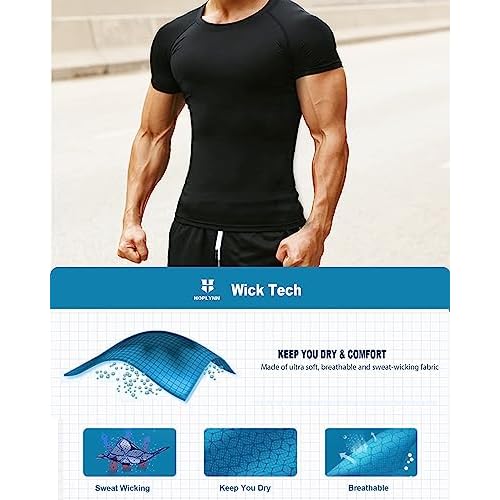 HOPLYNN 4/5 Pack Workout Compression Shirts Men Long/Short Sleeve Rash Guard Athletic Undershirt Gear T Shirt for Sports