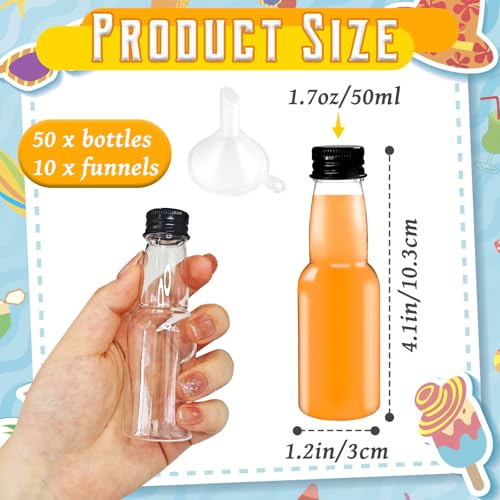 1.8oz Mini Liquor Bottles Pack of 50 with Funnels - Small Plastic Shot Containers for Party & Wedding Favors