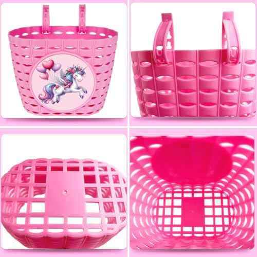 Girls Pink Bike Basket, Cute Bicycle Front Handlebar Basket, Adjustable Plastic Tricycle Basket for Kids, Baby Girls, Toddlers