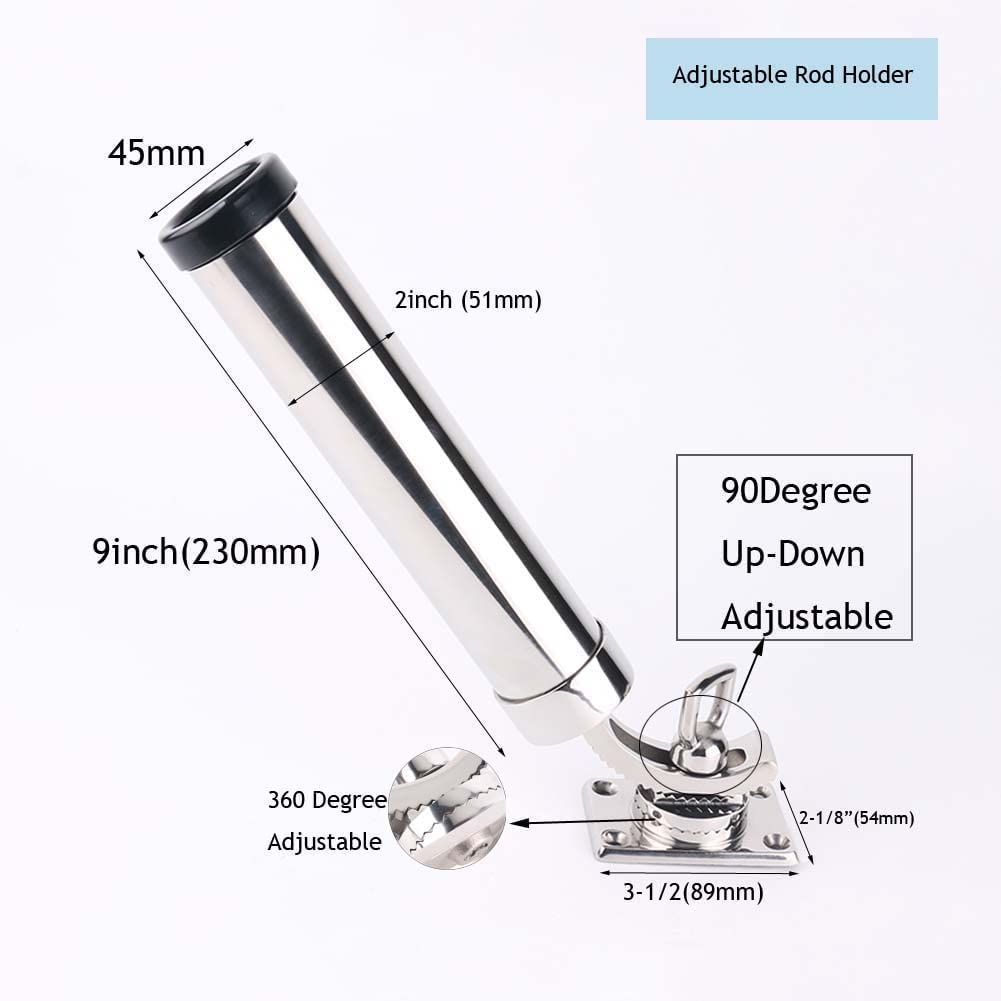 360° Adjustable Fishing Rod Holder Boat Stainless Steel Rod Holder Deck Mount Rectangular Base for Marine Yacht Boat Camper RV (Set of 2)