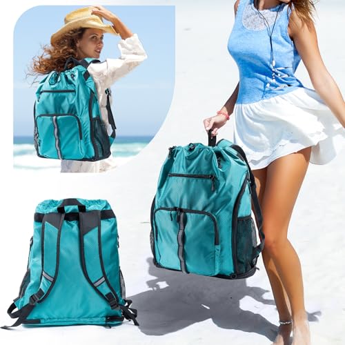 Large Beach Backpack with Shoe Compartment & Detachable Mesh Bag - Teal