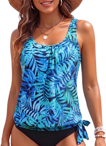 Yonique Womens Blouson Tankini Swim Top - Loose Fit Strappy Bathing Suit, Medium Blue Leaves