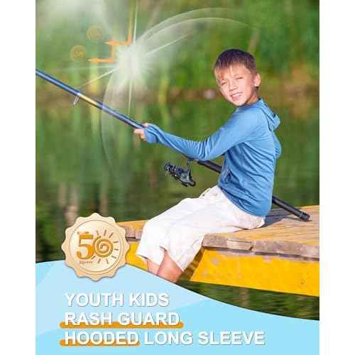 Boys Rash Guard Hoodie, Kids Long Sleeve Sun Protection Hooded Shirts Youth UPF50+ Swim Fishing Water Shirt with Pocket
