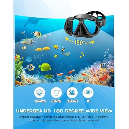 Greatever Dry Snorkel Set,Panoramic Wide View,Anti-Fog Scuba Diving Mask,Professional Snorkeling Gear