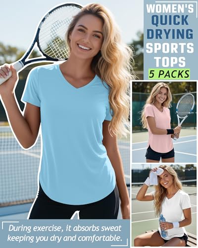 Women’s Quick Dry Workout Shirts 5 Pack - Breathable Athletic Tops