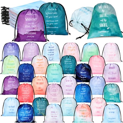 Hosuly 30 Pcs Christian Drawstring Bags Religious Watercolor Bag