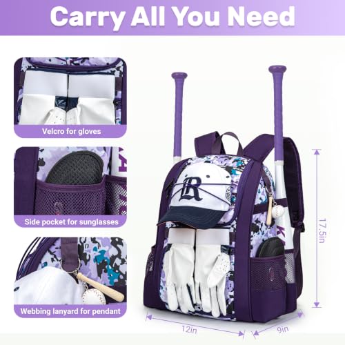 KAVIGOR Youth Baseball Bag Purple Camo T-Ball Backpack with Shoes Compartment