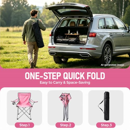 Pink Camping Chair with Cup Holder - Portable Folding Lawn Chair Supports 330LBS