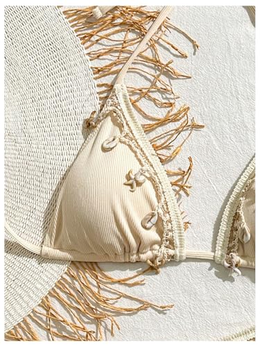 Verdusa Women's 2 Piece Bikini Set Small Beige Halter Triangle Swimsuit