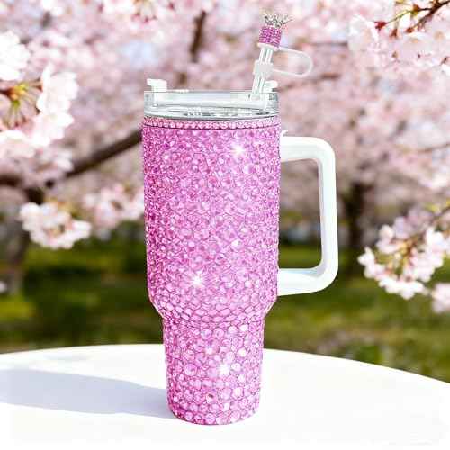 3Pcs Crown Diamond Straw Toppers Set for Stanley Cup - Bling Straw Covers with Glittering Rhinestones for 30 & 40 Oz Tumblers,21 Colors for Princess Girls Gift (Hot Pink)