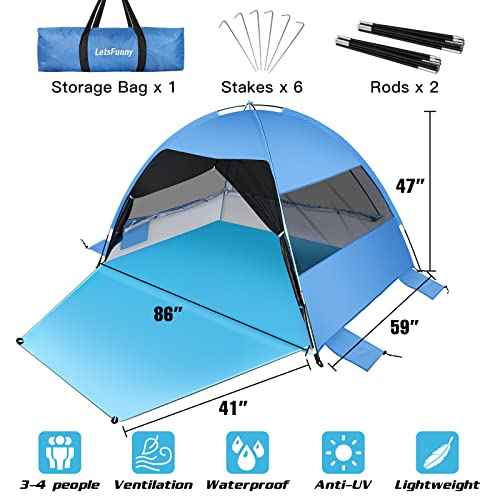 Large 3-4 Person Beach Tent - UPF 50+ Anti-UV, Easy Setup with Extended Floor & Mesh Windows, Portable for Camping Fishing (Blue)