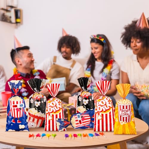 Popcorn Gift Bags 100 Pack with Red & White Stripes and Twist Ties