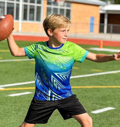 Kids Soccer T-Shirt Boys Athletic Quick Dry Moisture Wicking Size 7-14 Green Blue, 9-10 Years