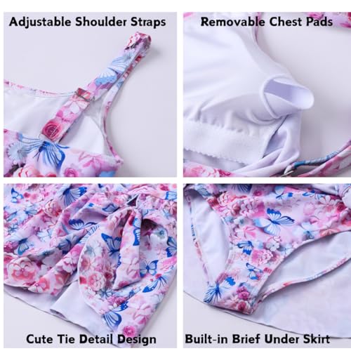 Girls Swimsuit One-Piece Bathing Suit - Floral Pattern, Adjustable Straps, 14-15 Years Pink