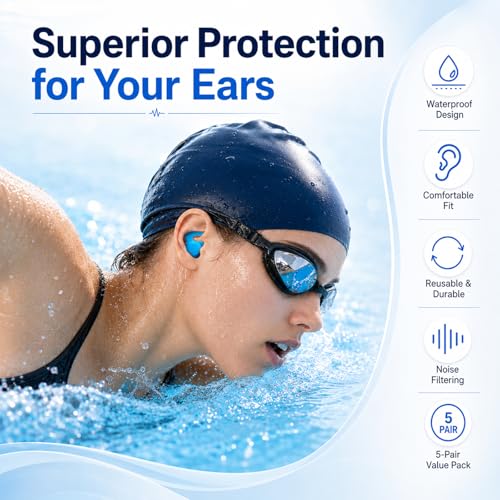 Reusable Waterproof Ear Plugs for Swimming Adults & Teens - 5 Pairs with Color Options & Cases