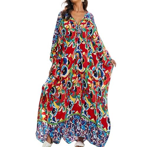 Women Kaftan Dresses Plus Size V-Neck Batwing Sleeves Beach Cover Up 2025 Summer Floral Print Caftan Dress