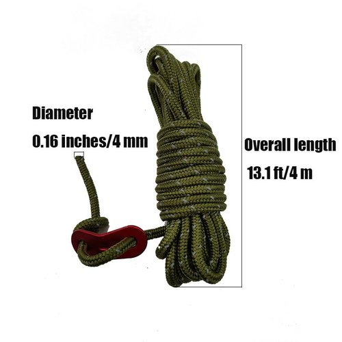 Tgpiao 4Pack Duty Camping Rope - 4mm Outdoor Reflective Guy Lines with Tensioner Adjuster Strong Nylon Cord for Tent Tarp, Canopy Shelter, Camping, Hiking, Backpacking (Green)