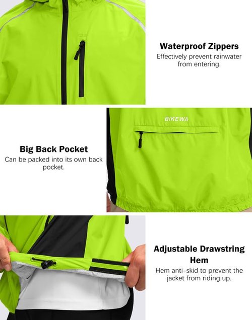 Men's Cycling Rain Jackets Waterproof Running Bike Windbreaker Hooded Reflective Biking Windproof Bicycle Riding(Fluorescent Yellow/Black,M)