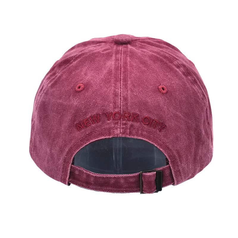 Red New York Embroidered Baseball Cap - Distressed Washed Dad Hat, Adjustable