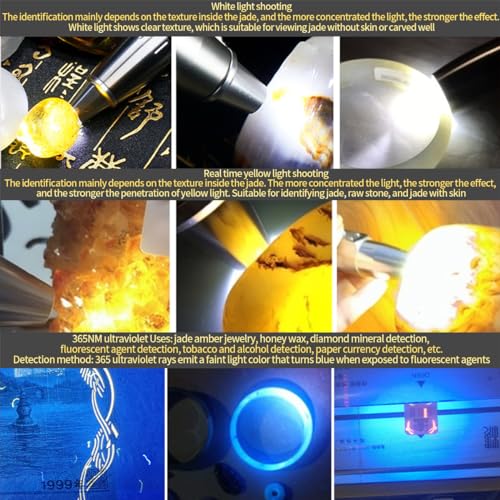 LED Rechargeable Three Light Source Jade and Jewelry Appraisal Flashlight, 365NM Ultraviolet Gemstone Jade Beeswax Detector, White, Yellow, and 365 Purple Light Multifunctional Flashlight.