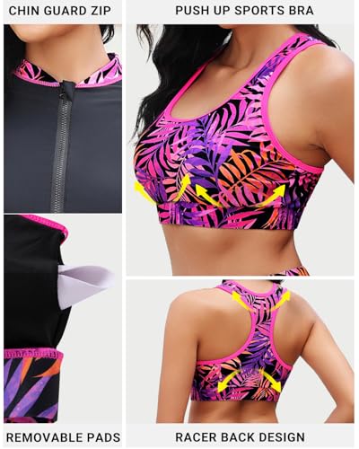 Women 3-Piece Rash Guard Swim Set with Long Sleeve Shirt and Pockets - Purple Leaves XL