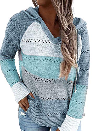 Women's Striped Crochet Fall Hoodie Sweater Large Blue Casual Knitwear