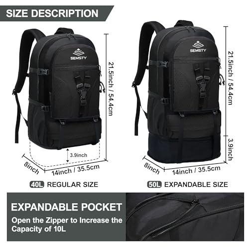 Expandable Hiking Backpack 40L/50L for Men and Women - Black, Variation of 40L+10L