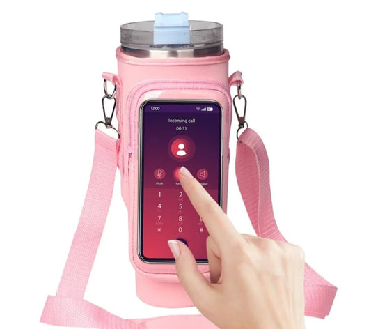 Generic Water Bottle Carrier Bag with Touchable Screen Phone Pocket for Stanley 40oz Tumbler - Neoprene Holder with Adjustable Strap and Straw Cover for Stanley Cup., Pink