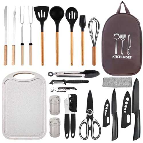 21pcs Silicone Camping Cookware Set with Utensils - Black Kitchen & Hiking Gear