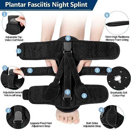 Upgraded Plantar Fasciitis Night Splint, 3 Adjustable Straps Plantar Fasciitis Relief Braces for Achilles Tendonitis, Foot Drop & Heel Spur Pain Relief Day & Night (Black)