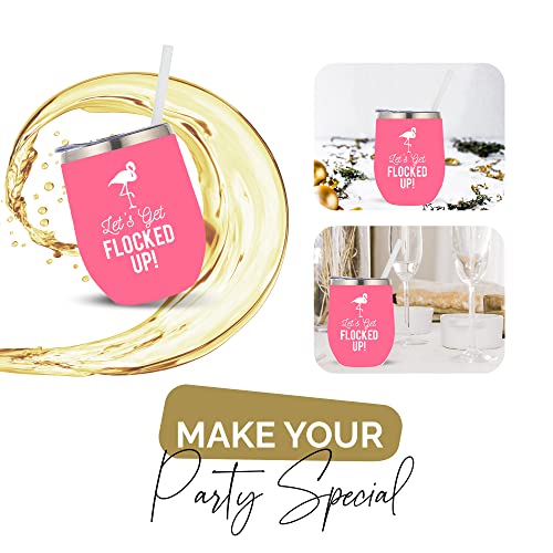 Pink Flamingo 12oz Flocked Wine Tumbler with Lid & Straw - Birthday Gift
