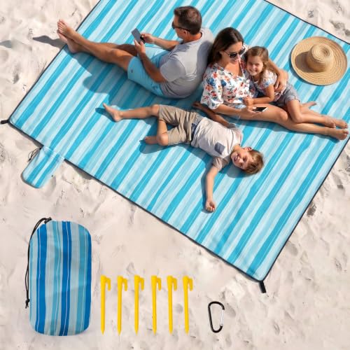 OIGAE Waterproof Sandproof Beach Blanket 7x7 ft Blue Wave Stripes - Oversized Family Mat