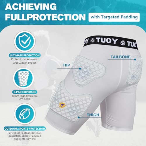 Youth Boys Football Girdle with 6 Pads Compression Shorts & Cup - White Medium
