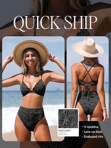 High Waisted Scalloped Bikini Set for Women - Medium Black
