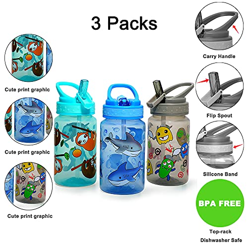 Kids Water Bottle 15oz BPA Free Leak-Proof Flip Straw Drink Bottle - Shark & Sloth & Monster