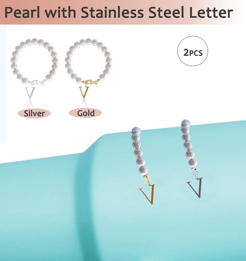 Rzjoke Letter Charm For Stanley Cup 2pcs Pearl Stanley Cup Accessories Charms For Handle, Initial Name Jewelry For Stanley Cup (V)