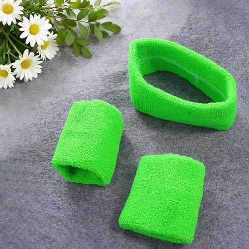 Neon Sweatbands Set, 80s Headband and Wristband Sweatbands for Women Men, Wicking Bands for Sports, Party Costume Accessories